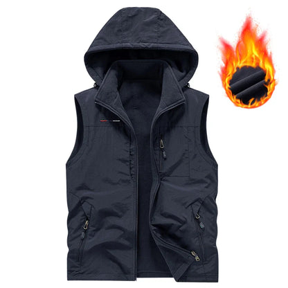 Warm Versatile Men Hooded Vest - Fleece Lined, Nylon, Outdoor