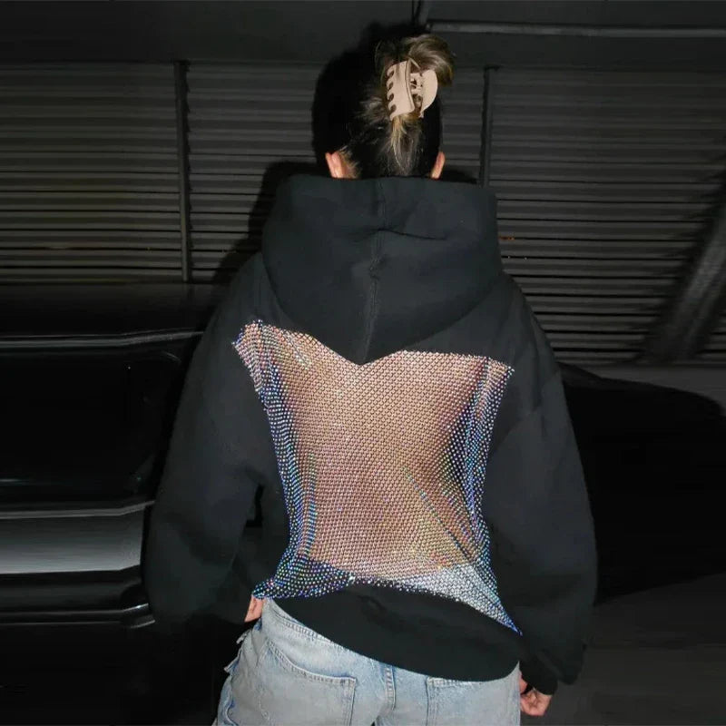 Oversized Relaxed Women’s Hooded Pullover - Boxy Hollow-Back Cut, Blended Fabric With Mesh Back, For Streetwear