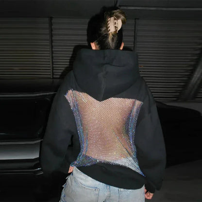 Oversized Relaxed Women’s Hooded Pullover - Boxy Hollow-Back Cut, Blended Fabric With Mesh Back, For Streetwear