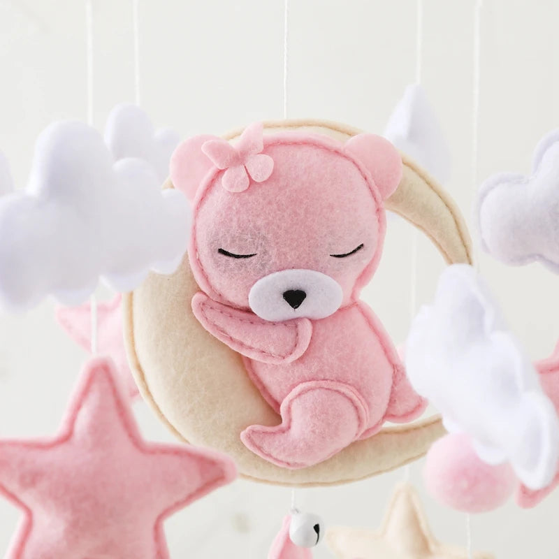 Wooden Crib Mobile Felt Bear Musical Newborn Sensory Toys
