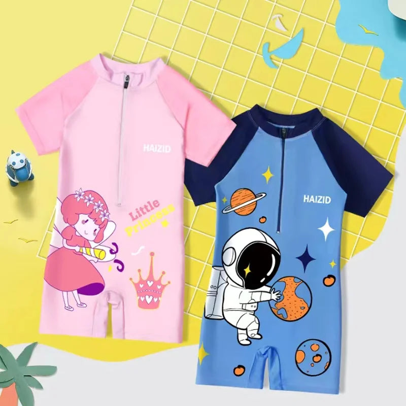 Quick-dry durable kids' one-piece swimsuit - cartoon print, polyester, for swimming