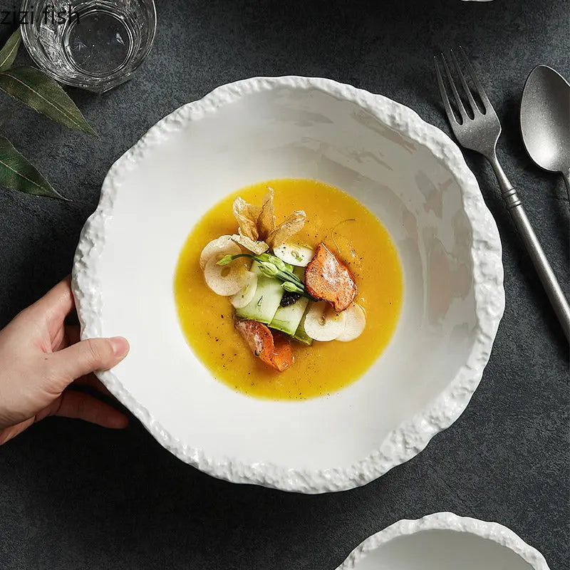 Vit porslinssoppskål med stenkanter Modern bordsservis