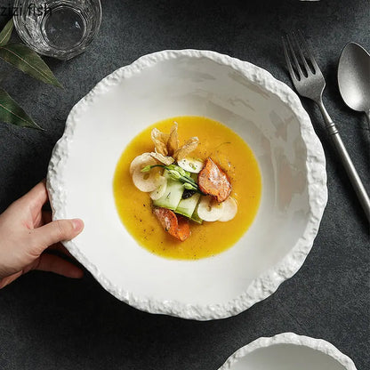 Vit porslinssoppskål med stenkanter Modern bordsservis