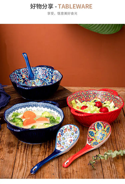 Keramische Soepkom Boheemse Handgreep Geëmboste Magnetron