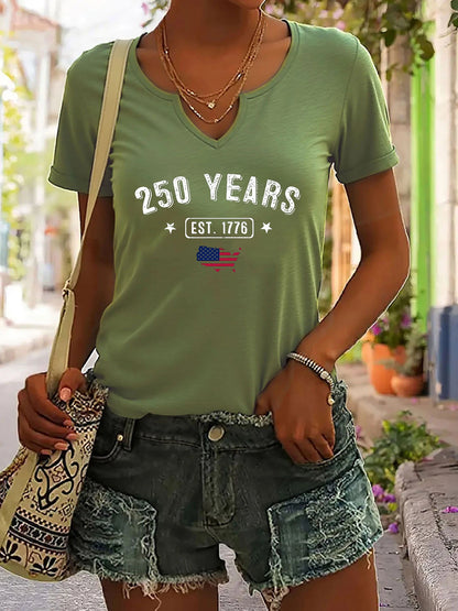 Breathable women's t-shirt – V-neck, short sleeve, patriotic EST.1776 USA print, casual top
