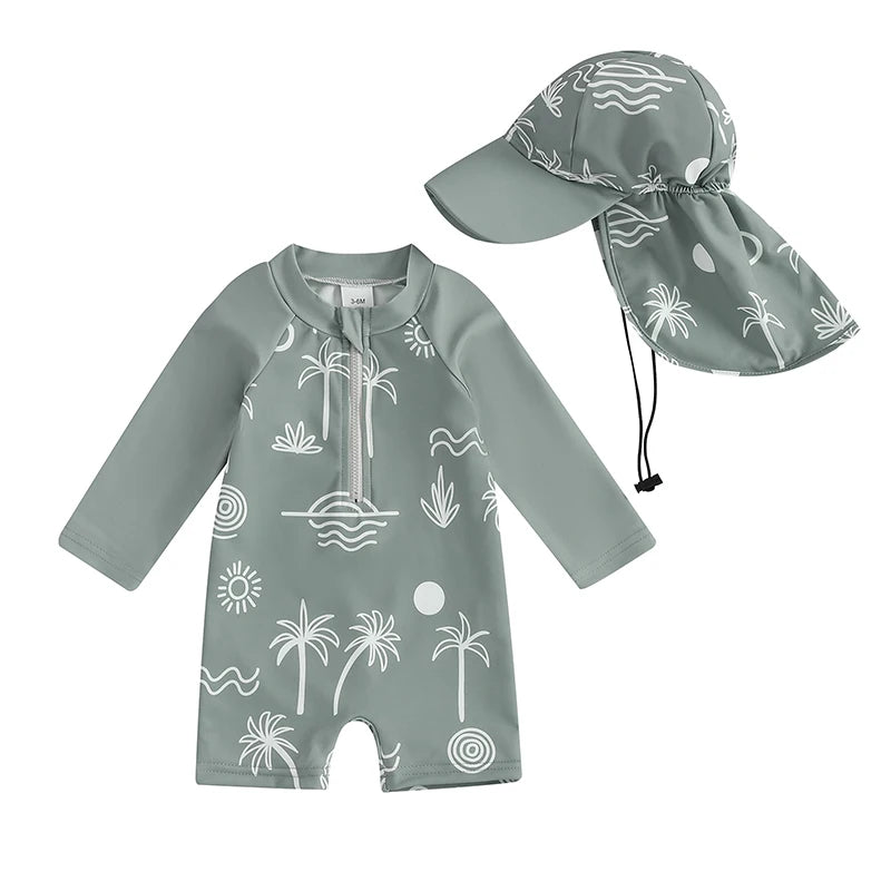 Lightweight Toddler Boys Rash Guard Swimsuit - Long Sleeve, Turtle Print, Polyester, Beachwear