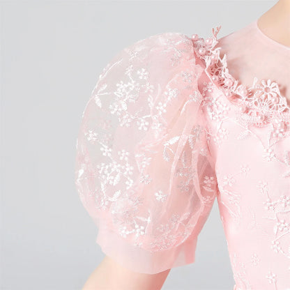 Soft Girls' Dress - Flowy Princess-Cut Lace-Embroidery, Polyester, Wedding Party