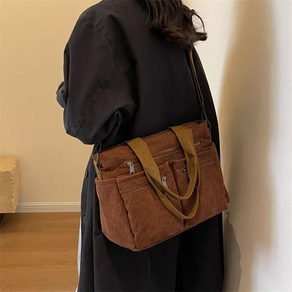 Relaxed women's corduroy messenger bag – multi-pocket, casual commuter tote, oversized