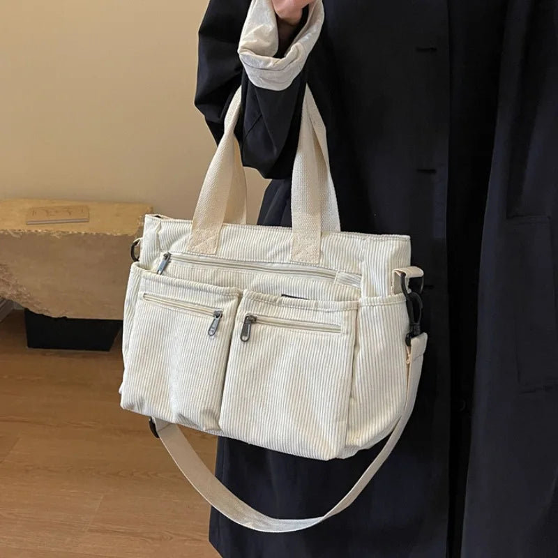 Relaxed women's corduroy messenger bag – multi-pocket, casual commuter tote, oversized