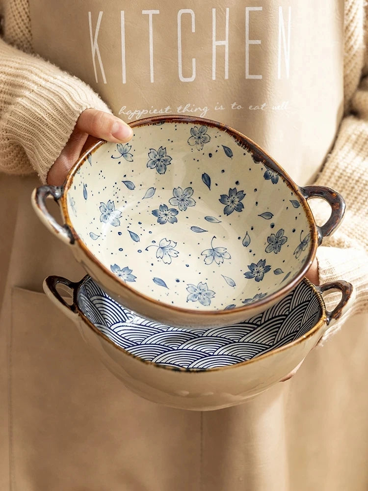 Keramisk nudelskål 7.5 tum med dubbla handtag blommig skål