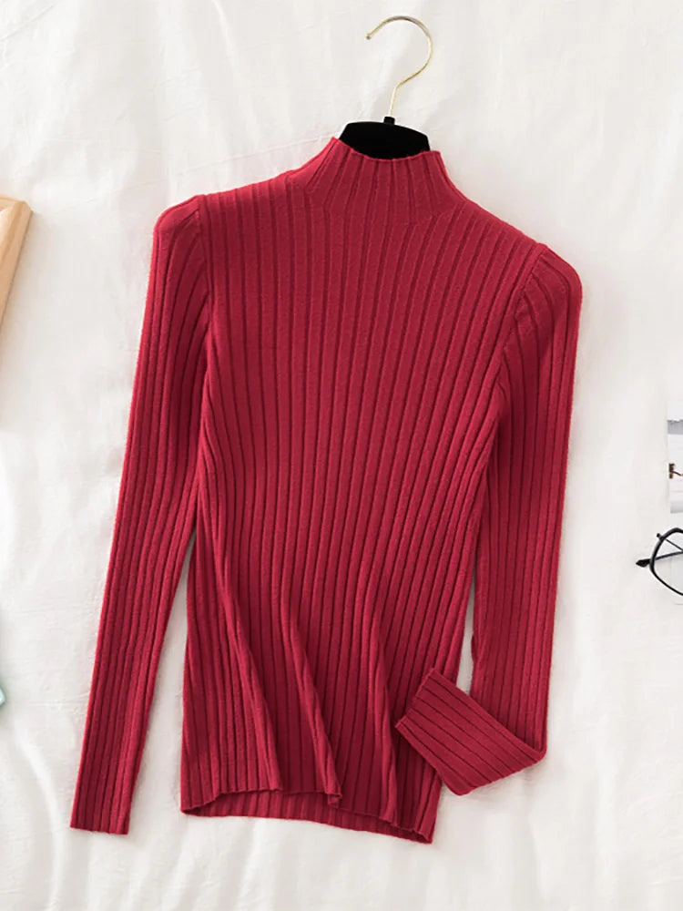 Stretchy Flattering Women Ribbed Sweater - Mock Neck, Knit