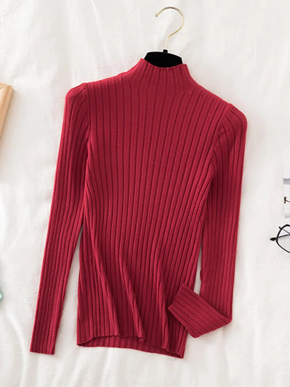 Stretchy Flattering Women Ribbed Sweater - Mock Neck, Knit