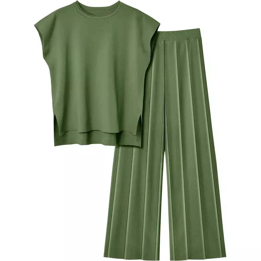 Soft Relaxed Women’s Two-Piece Pant Set – Sleeveless Round-Neck Knit Top, High-Waist Wide-Leg Trousers For Summer