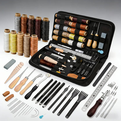 Leder-Nähset All-in-One Lederhandwerkswerkzeug-Set mit Ahlen, Nadeln und Faden, DIY-Geschenkidee