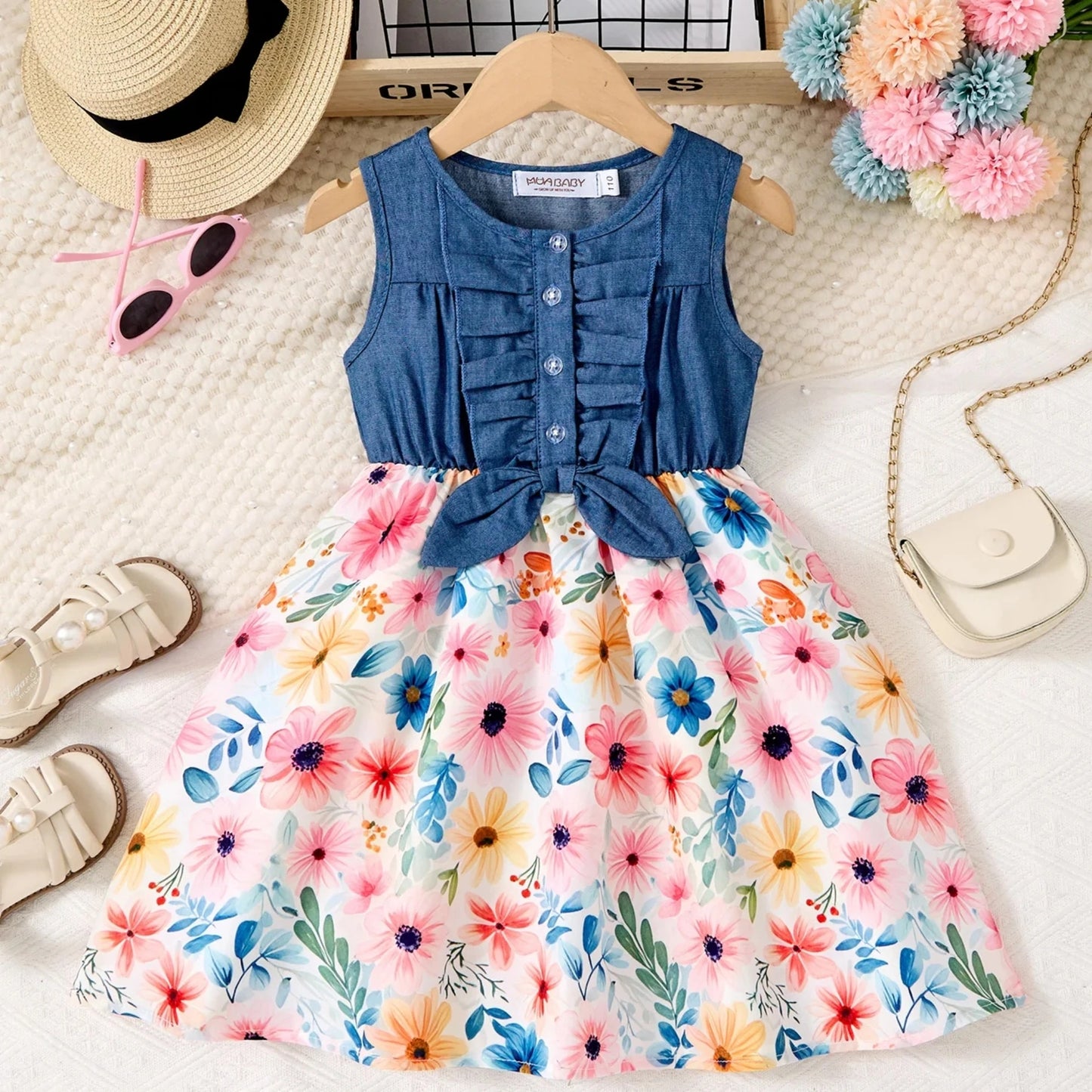Breathable girls' dress - lace-up sling, sleeveless, flowy, polyester, for summer