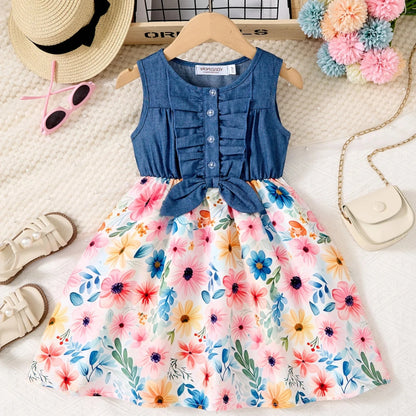 Breathable girls' dress - lace-up sling, sleeveless, flowy, polyester, for summer