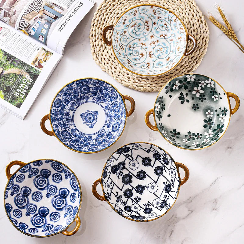 7.5 tums japansk keramisk nudelskål med handtag blå