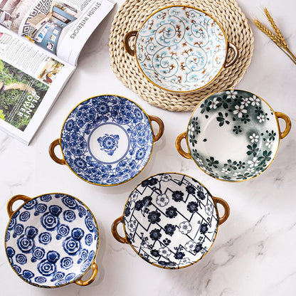 7.5 tums japansk keramisk nudelskål med handtag blå