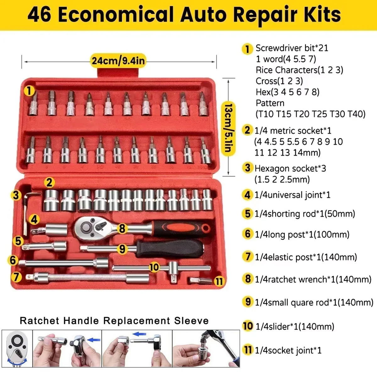 Juego de llaves de tubo métricas - Herramientas para el hogar Kit de mecánico de automóviles con trinquete y adaptadores