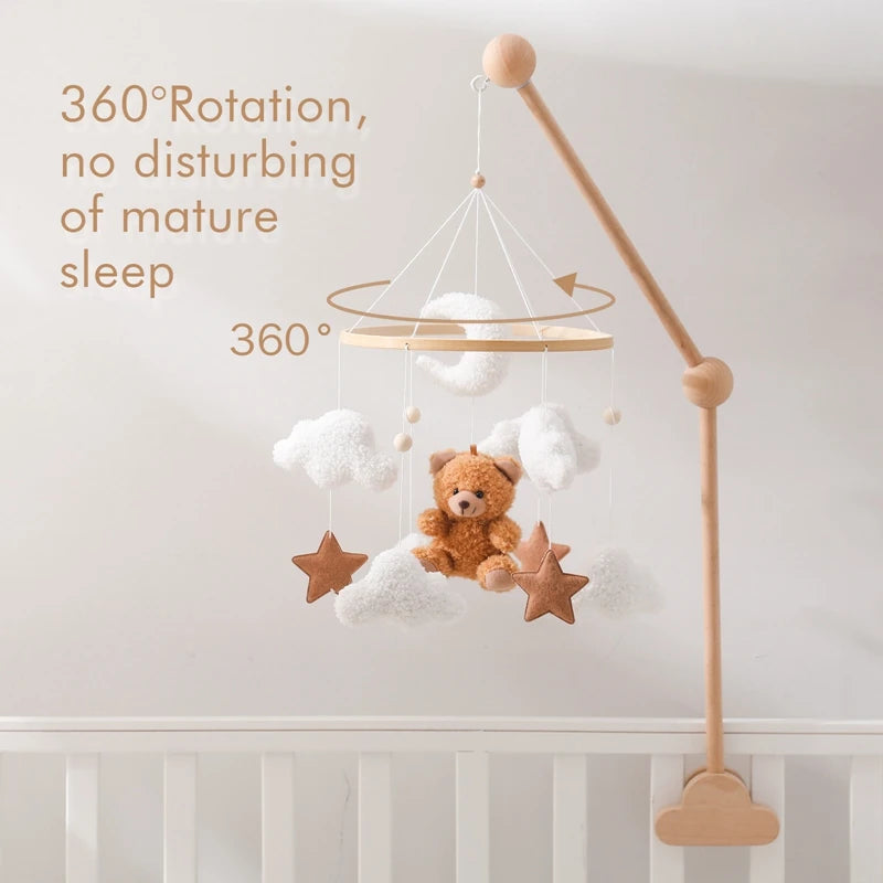 Wooden Crib Mobile Felt Bear Musical Newborn Sensory Toys
