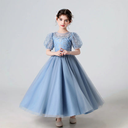 Soft Girls' Dress - Flowy Princess-Cut Lace-Embroidery, Polyester, Wedding Party