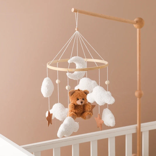 Wooden Crib Mobile Felt Bear Musical Newborn Sensory Toys