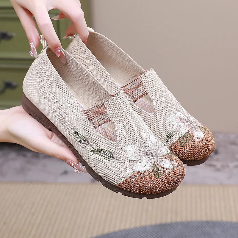 Breathable Women’s Flats - Slip-On Mesh, Embroidered