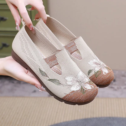 Breathable Women’s Flats - Slip-On Mesh, Embroidered