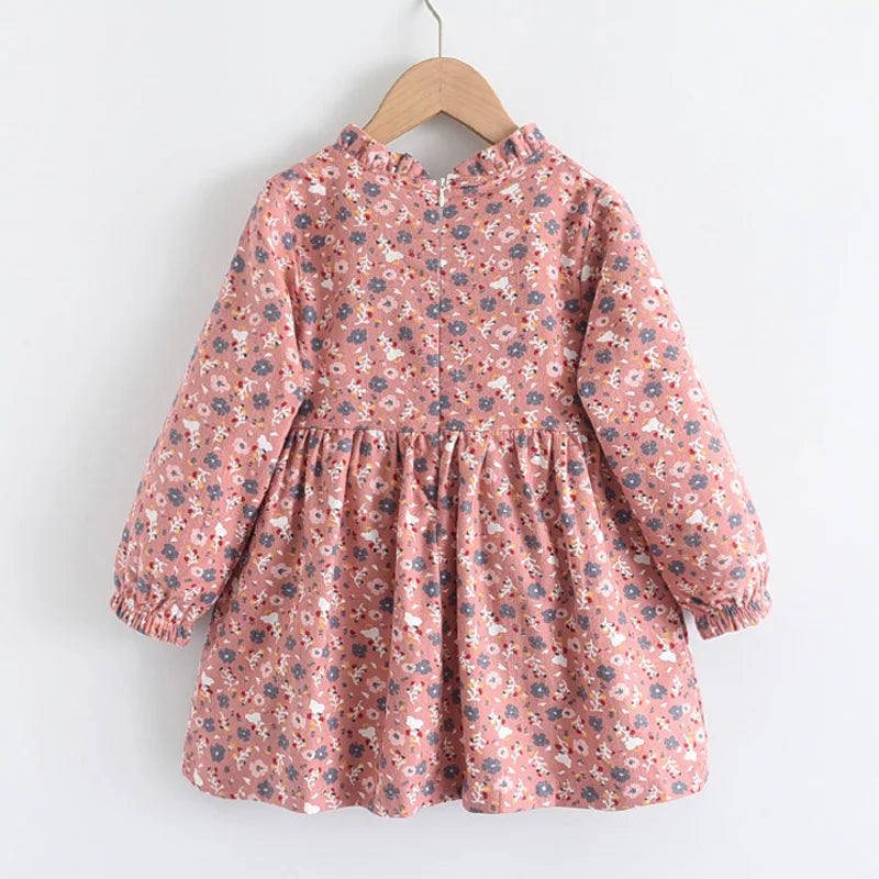Soft Girls Dress – Long Sleeve Knee-Length, Floral Print, Cotton, Casual Autumn Wear