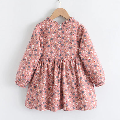 Soft Girls Dress – Long Sleeve Knee-Length, Floral Print, Cotton, Casual Autumn Wear