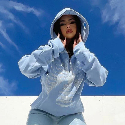 Overdimensjonert herre hettejakke med glidelås - Rhinestone skjelett, bomull