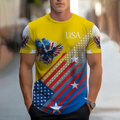 Soft men's tee - relaxed fit, 3D print patriotic eagle and flag graphic, casual wear