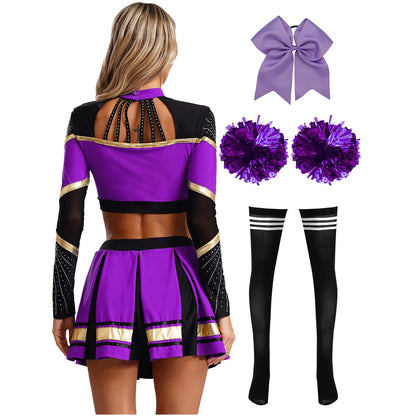 Cosplaykostuum voor cheerleaderoptredens voor vrouwen, crop-top met lange mouwen en geplooide rok met pompons 2026