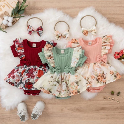 Vestito morbido per bambina - stampa floreale, dettagli con fiocco, cotone-elastan, abbigliamento estivo