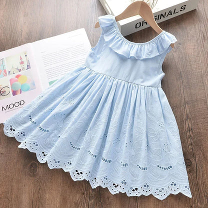 Lightweight and flattering girls' dress - bow-front, cotton eyelet fabric, party wear