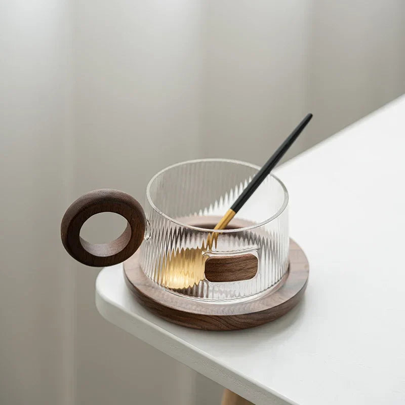 Koffiemokset 250ml Glas Met Houten Handvat, Dienblad En Lepel, Geribbelde Theekop Informeel Herfst 2025 Gezellig Cadeau