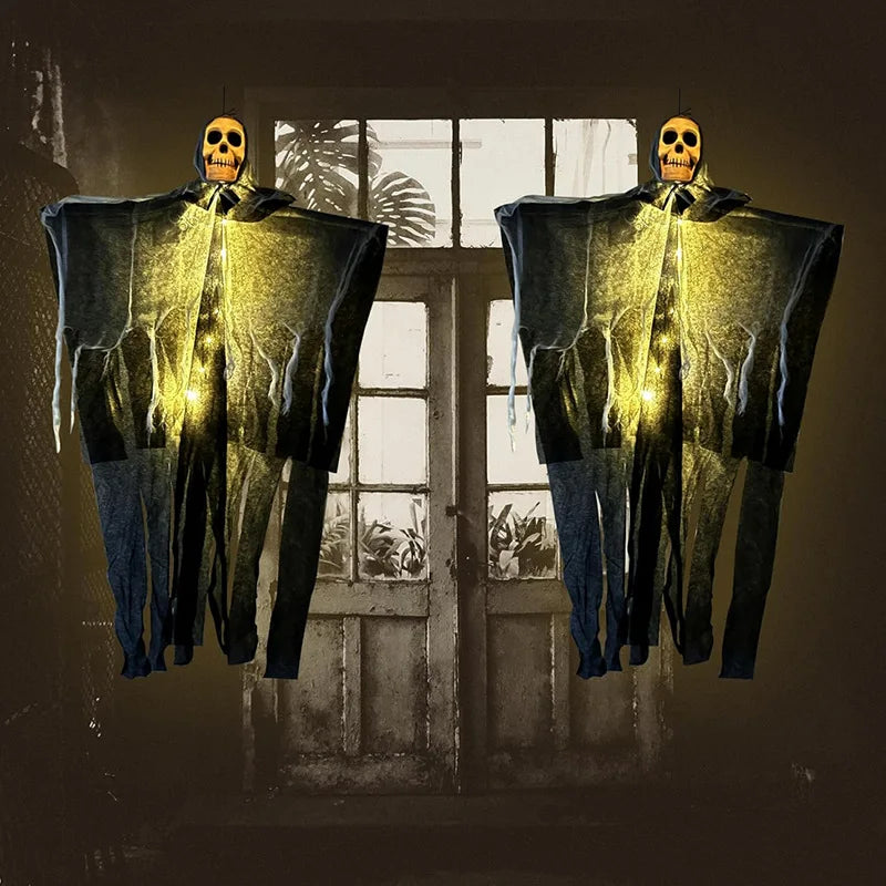 Oplichtende schedel, skelet en gaas met hangende geest voor Halloween, griezelige decoratie voor huis, tuin en buiten 2026
