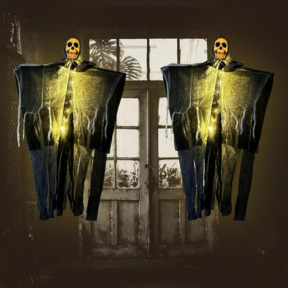 Oplichtende schedel, skelet en gaas met hangende geest voor Halloween, griezelige decoratie voor huis, tuin en buiten 2026