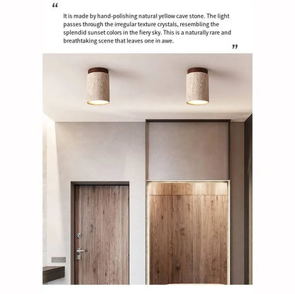 Japandi Travertine Ceiling Light Wood Cap Round Mid Century Lamp