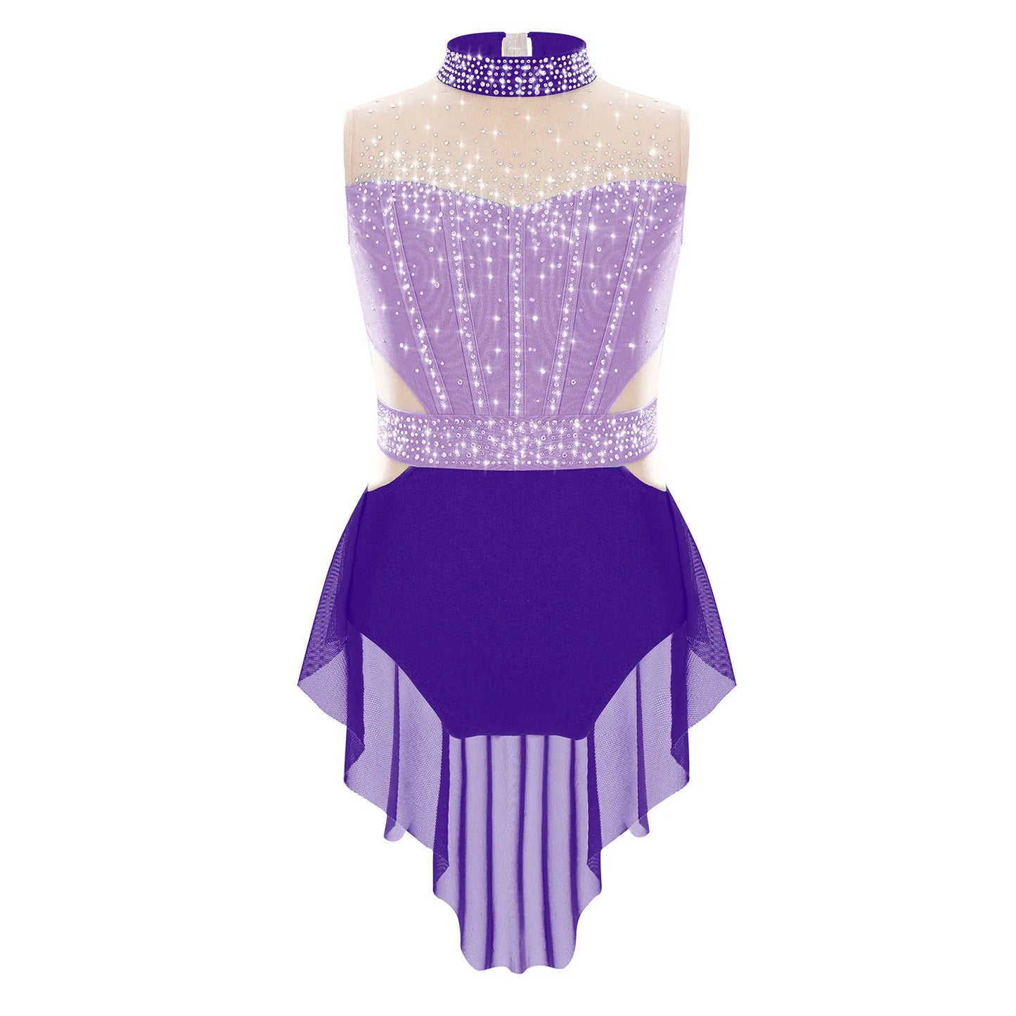 Stretchy Flattering Girls' Dance Leotard - Sleeveless Rhinestone Mesh Top, Polyester, Nylon, Elastane, For Competition