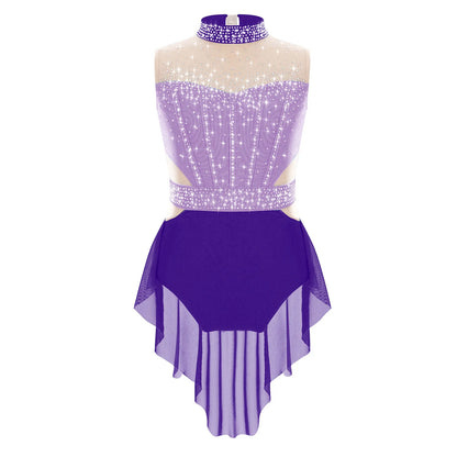 Stretchy Flattering Girls' Dance Leotard - Sleeveless Rhinestone Mesh Top, Polyester, Nylon, Elastane, For Competition