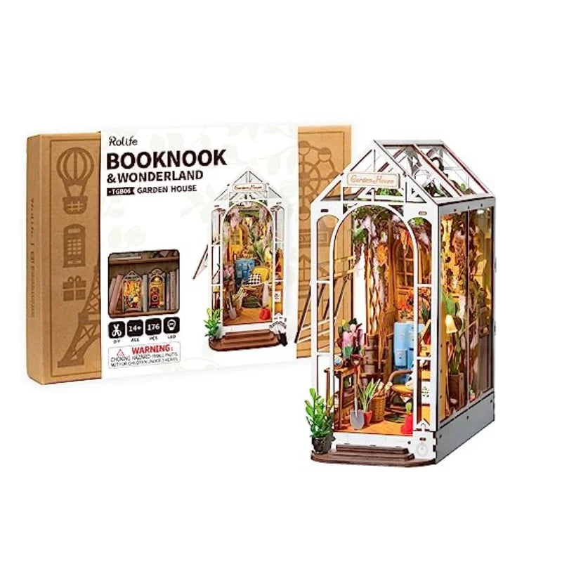 Robotime Rolife Gardenhouse Book Nook DIY Dollhouse Kit with LED Light for Bookshelf Decor