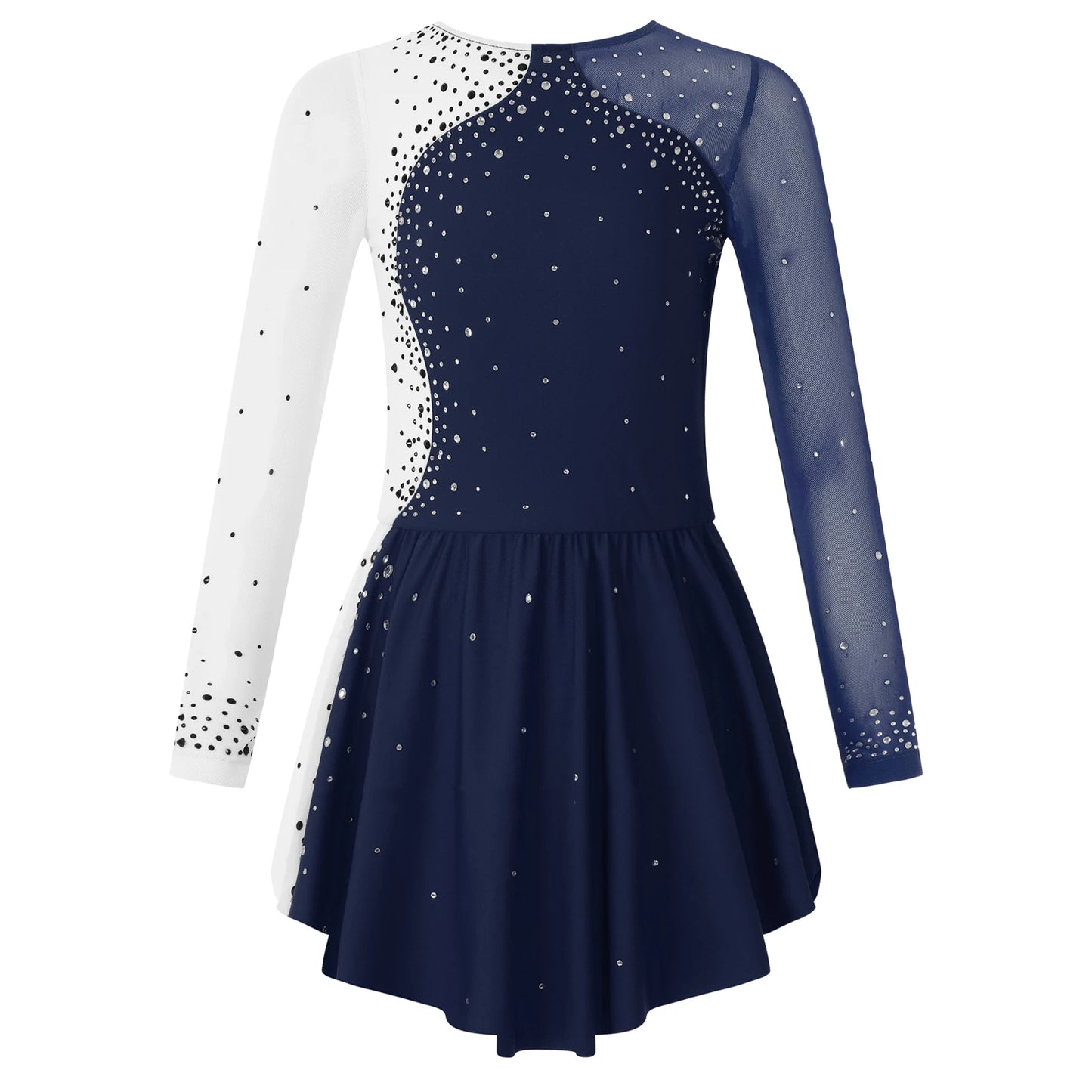 Stretchy girls figure skating dress – long sleeve rhinestone accents, jersey, dance performance costume