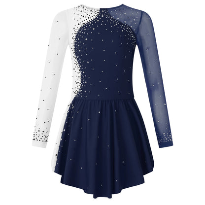 Stretchy girls figure skating dress – long sleeve rhinestone accents, jersey, dance performance costume