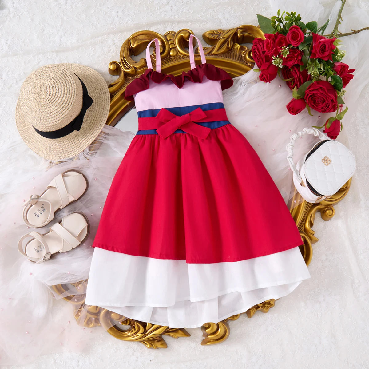 Breathable girls' dress - lace-up sling, sleeveless, flowy, polyester, for summer