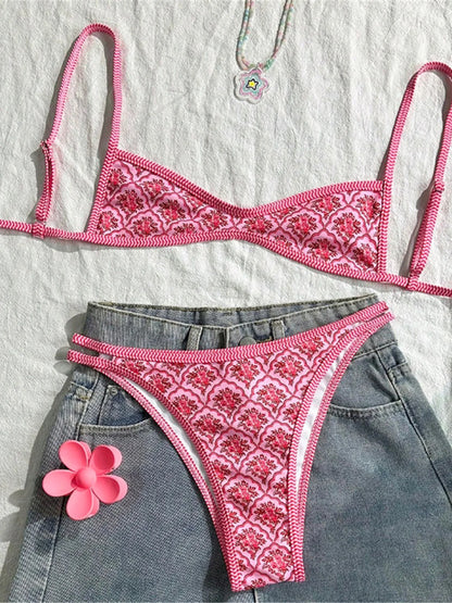 Hurtigtørrende kvindelig bikinisæt – høj benudskæring blomsterprint, polyester, elastan, til svømning