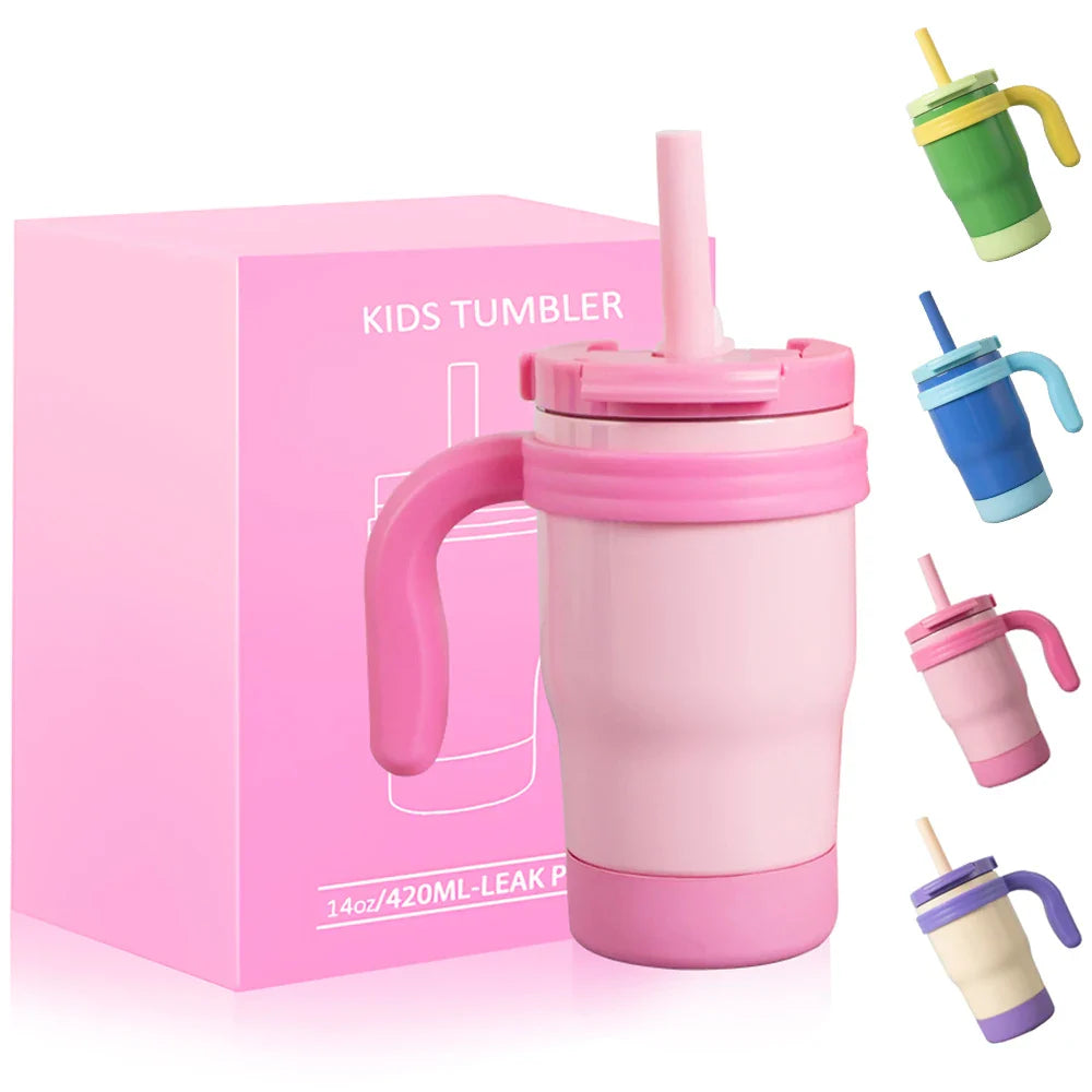 Botella Térmica para Niños 420ML Vaso Aislado de Acero Inoxidable con Asa y Pajilla, Regalo de Navidad 2025