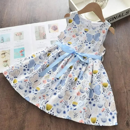 Lightweight and Flattering Girls' Dress – Floral Butterfly Print, Knee-Length, Sleeveless, Sash Waist, Casual Wear