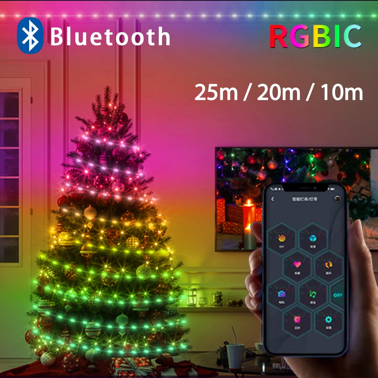 Guirlande lumineuse de Noël Bluetooth - Guirlande LED étanche pour arbre de Noël, application et décoration de vacances télécommandée