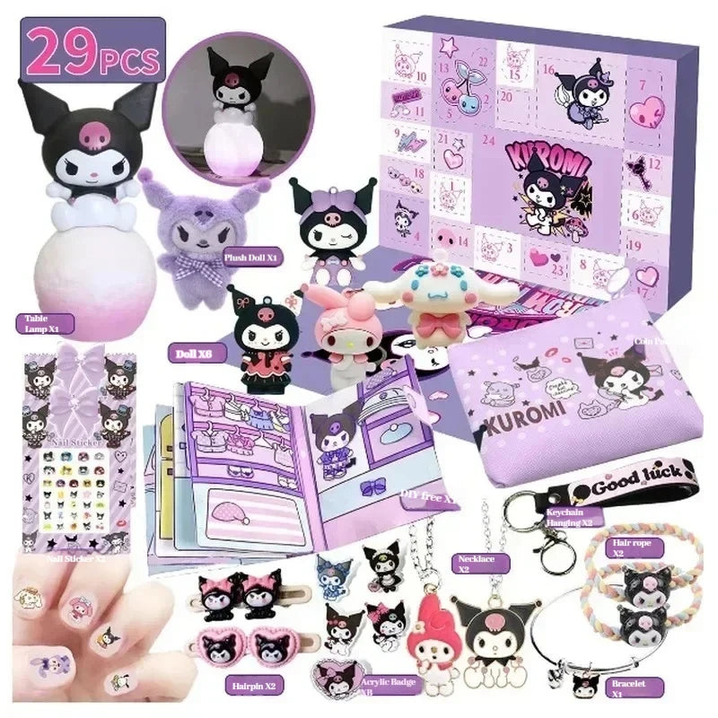 Kawaii Sanrio Hello Kitty Kuromi Christmas Advent Calendar - 24 Random Figure Keychains for Kids' Holiday Fun